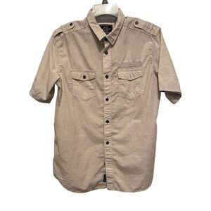 Distortion Mens Tan Khaki Short Sleeve Button Down Shirt Military Epaulettes L